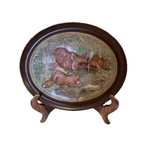 Vintage HOLLAND MOLD BABY FOXES Oval Plaque 1973 Ceramic Wall Hanging 11.75x9.75
